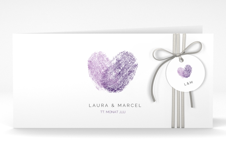 Hochzeitseinladung Fingerprint lange Klappkarte quer lila schlicht mit Fingerabdruck-Motiv
