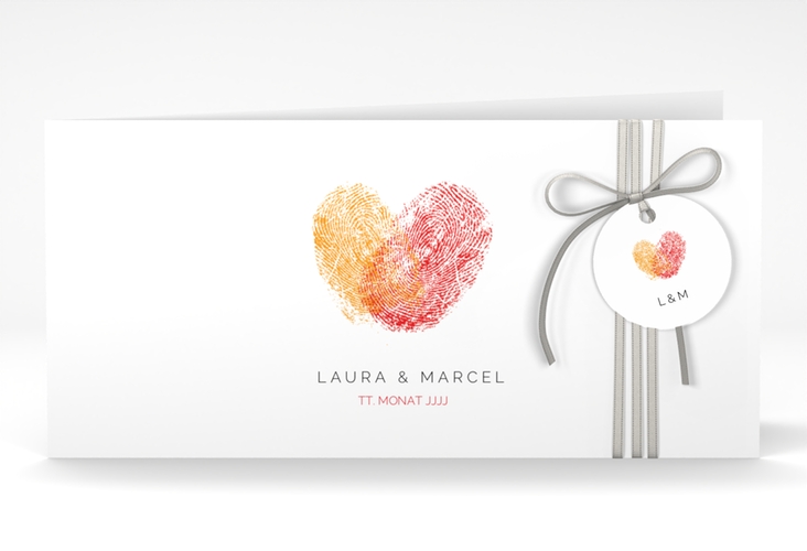 Hochzeitseinladung Fingerprint lange Klappkarte quer rot hochglanz schlicht mit Fingerabdruck-Motiv