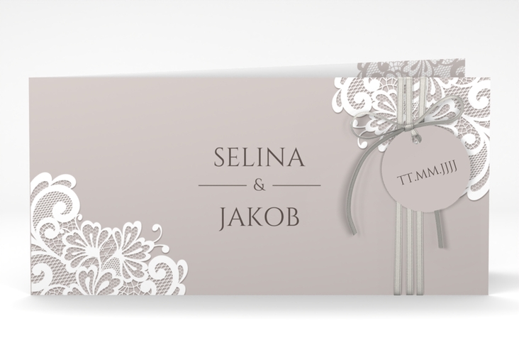Hochzeitseinladung Vintage lange Klappkarte quer mit floraler Spitze