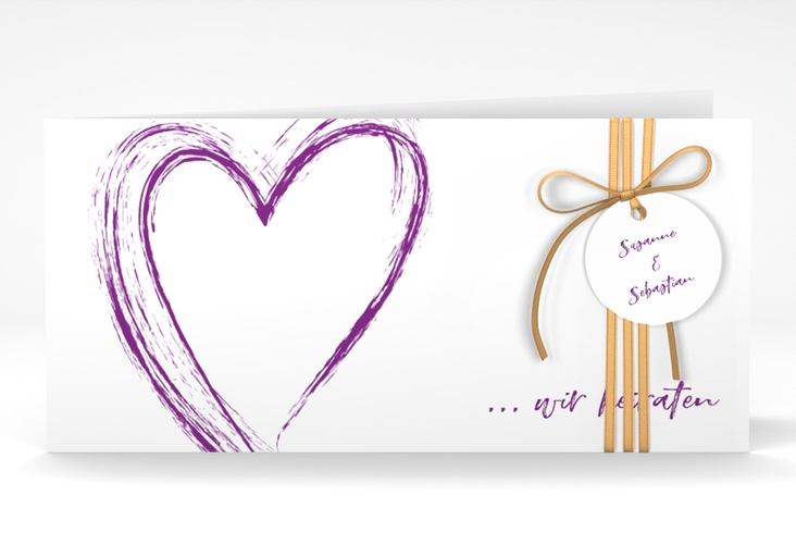 Hochzeitseinladung Liebe lange Klappkarte quer lila hochglanz