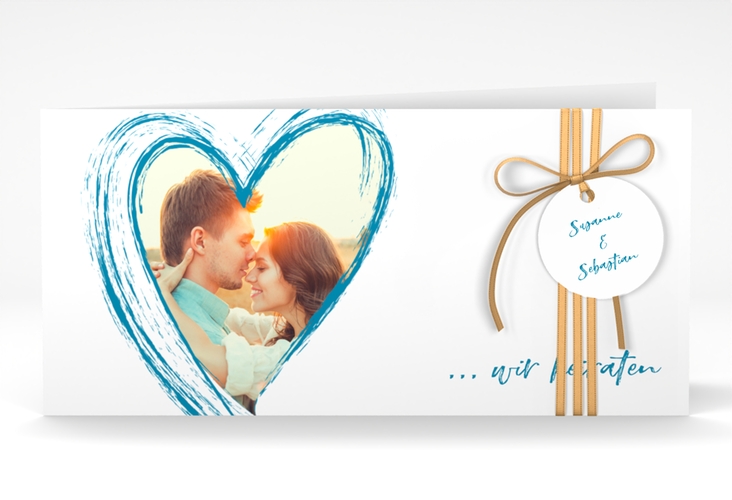 Hochzeitseinladung Liebe lange Klappkarte quer tuerkis
