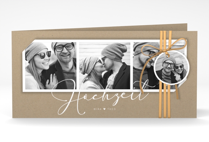 Hochzeitseinladung Crafty lange Klappkarte quer hochglanz mit drei Fotos