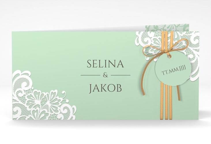 Hochzeitseinladung Vintage lange Klappkarte quer mint mit floraler Spitze