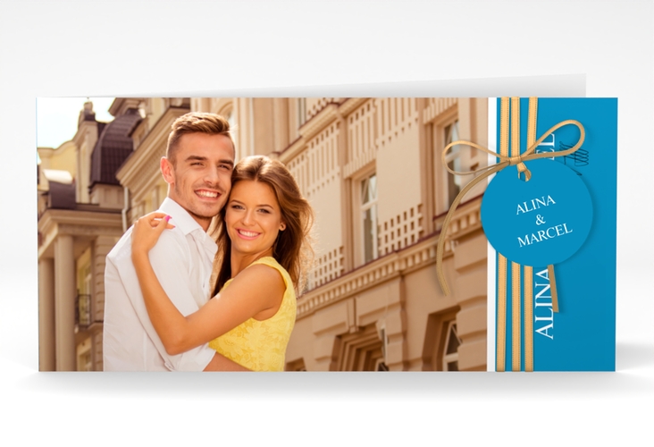 Hochzeitseinladung Classic lange Klappkarte quer blau