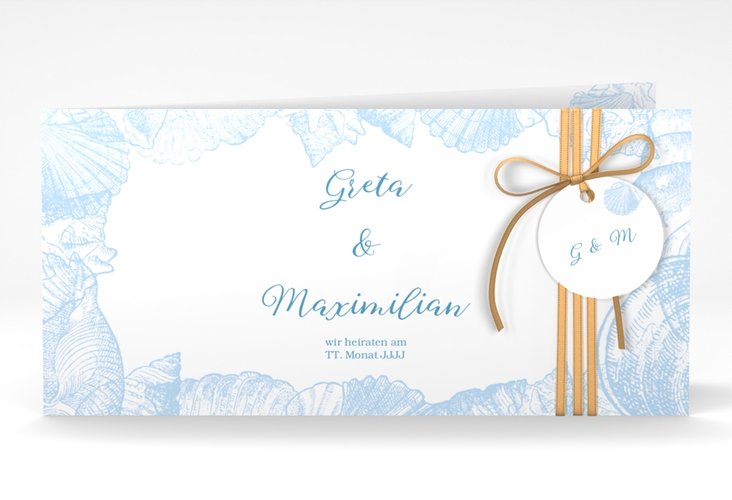 Hochzeitseinladung Muschelreich lange Klappkarte quer blau hochglanz