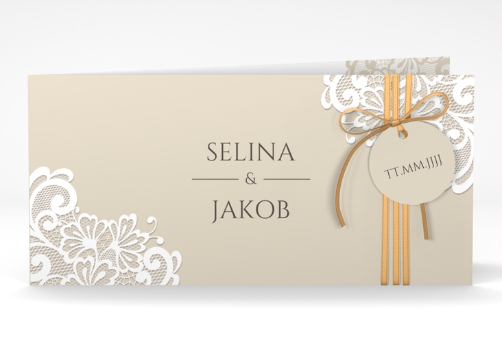 Hochzeitseinladung Vintage lange Klappkarte quer beige mit floraler Spitze