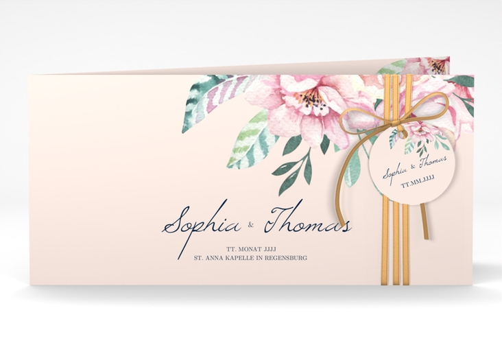 Hochzeitseinladung Blooming lange Klappkarte quer rosa