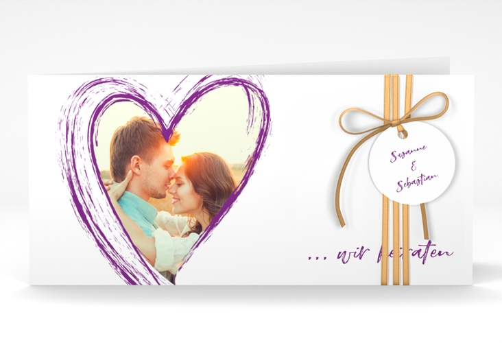 Hochzeitseinladung Liebe lange Klappkarte quer lila hochglanz