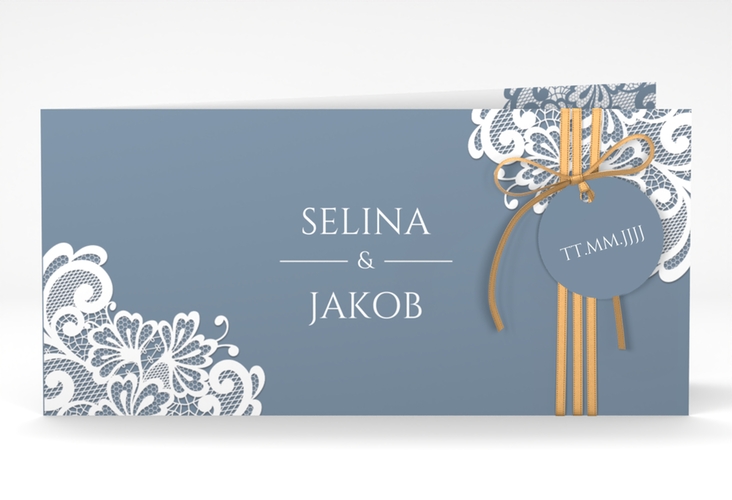 Hochzeitseinladung Vintage lange Klappkarte quer blau mit floraler Spitze