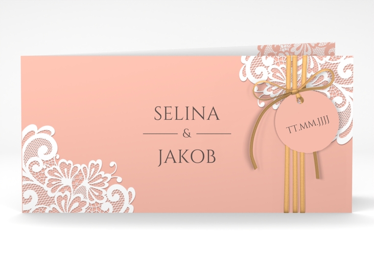 Hochzeitseinladung Vintage lange Klappkarte quer apricot mit floraler Spitze