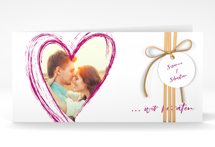 Hochzeitseinladung Liebe lange Klappkarte quer pink hochglanz