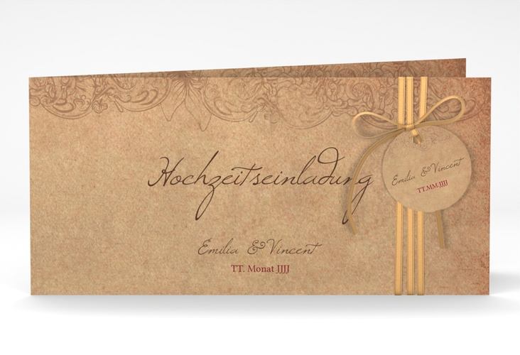 Hochzeitseinladung Fairytale lange Klappkarte quer braun mit Vintage-Bordüre
