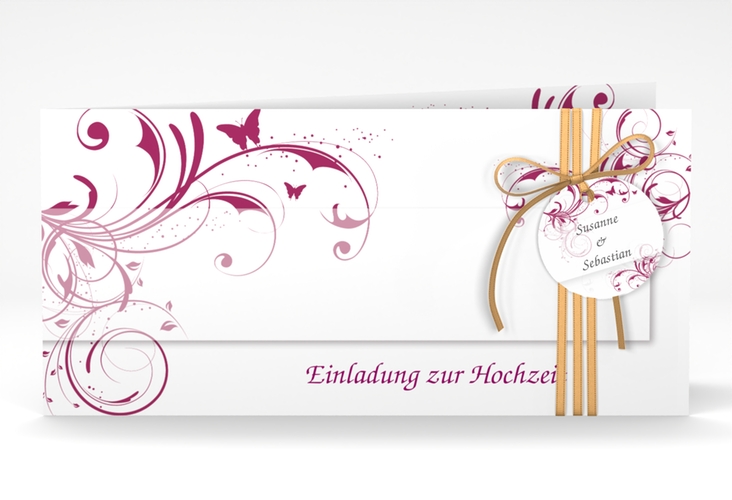Hochzeitseinladung Palma lange Klappkarte quer pink hochglanz