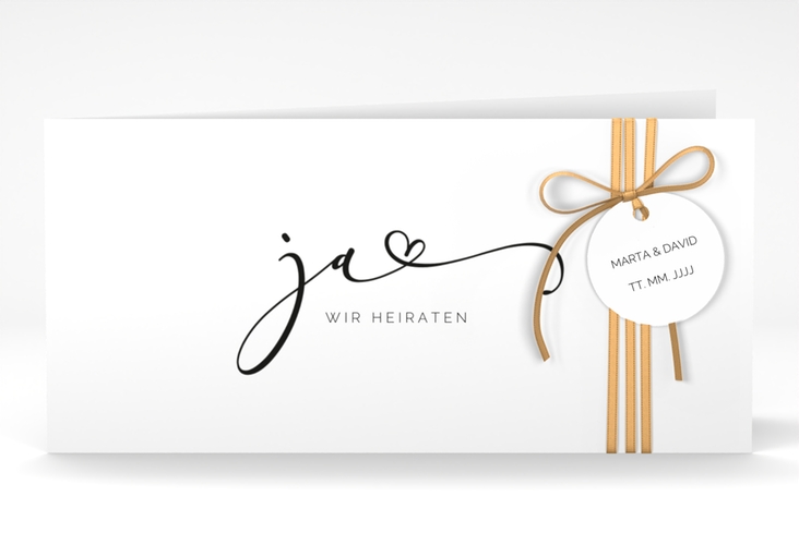 Hochzeitseinladung Jawort lange Klappkarte quer weiss hochglanz modern minimalistisch mit veredelter Aufschrift