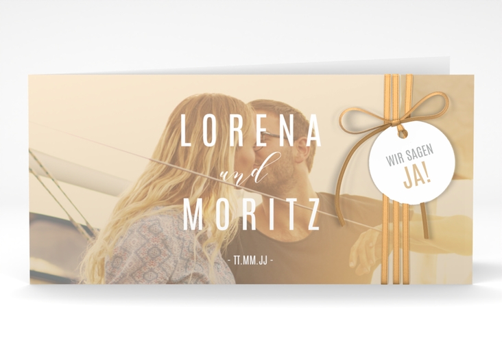 Hochzeitseinladung Memory lange Klappkarte quer beige