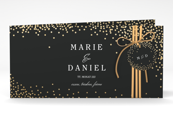 Hochzeitseinladung Glitter lange Klappkarte quer schwarz hochglanz