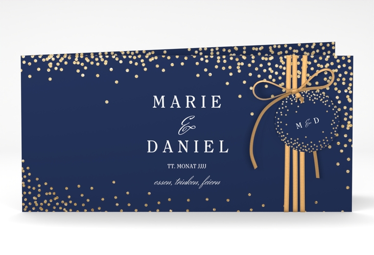 Hochzeitseinladung Glitter lange Klappkarte quer blau hochglanz