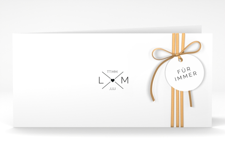 Hochzeitseinladung Initials lange Klappkarte quer schwarz hochglanz mit Initialen im minimalistischen Design