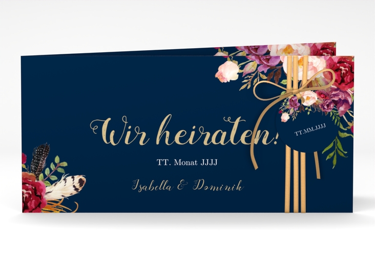 Hochzeitseinladung Flowers lange Klappkarte quer blau hochglanz mit bunten Aquarell-Blumen