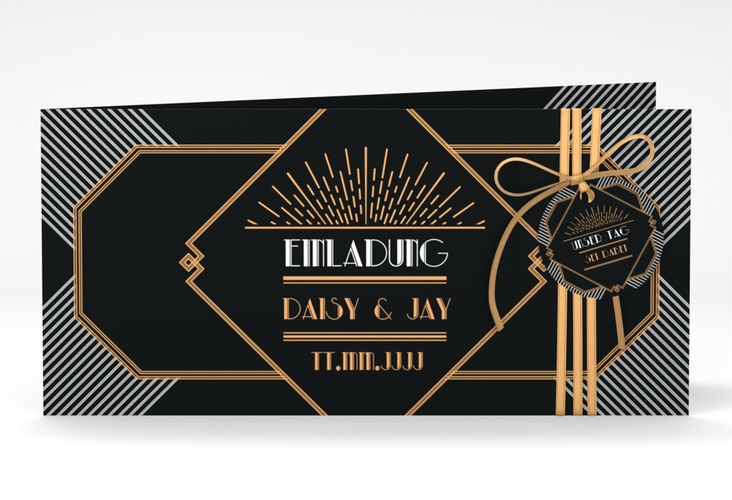 Hochzeitseinladung Gatsby lange Klappkarte quer schwarz im 20er-Jahre-Stil