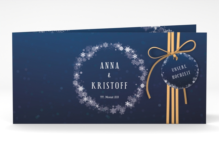 Hochzeitseinladung Winterdream lange Klappkarte quer blau mit Eisblumen