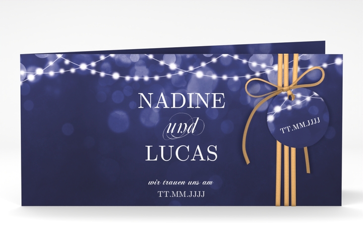 Hochzeitseinladung Lichtspiel lange Klappkarte quer blau