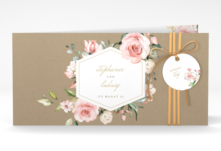 Hochzeitseinladung Graceful lange Klappkarte quer hochglanz mit Rosenblüten in Rosa und Weiß