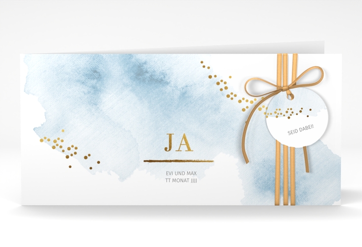 Hochzeitseinladung Pastell lange Klappkarte quer blau hochglanz