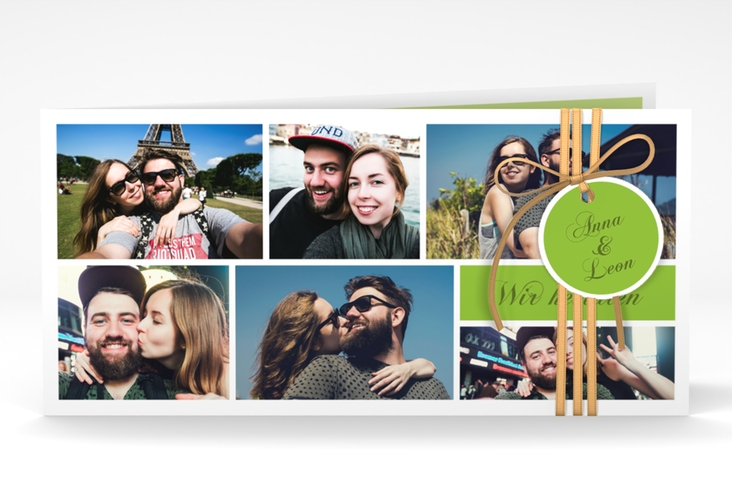 Hochzeitseinladung Collage lange Klappkarte quer gruen