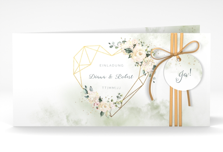 Hochzeitseinladung Adore lange Klappkarte quer gruen hochglanz