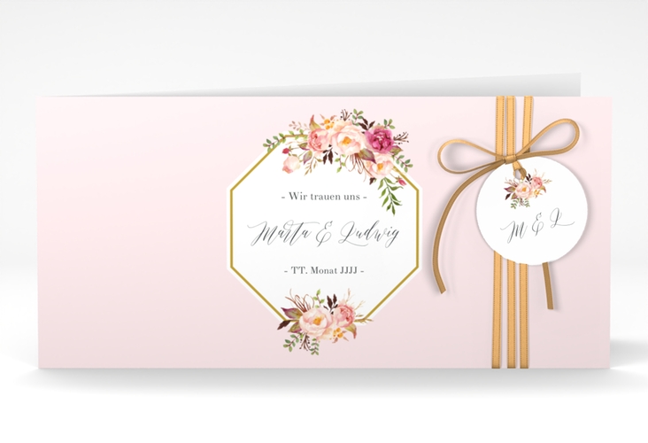 Hochzeitseinladung Prachtvoll lange Klappkarte quer rosa hochglanz
