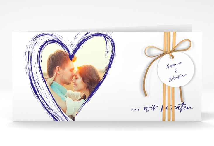 Hochzeitseinladung Liebe lange Klappkarte quer blau hochglanz