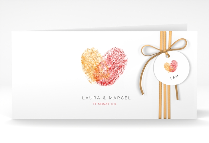 Hochzeitseinladung Fingerprint lange Klappkarte quer rot hochglanz schlicht mit Fingerabdruck-Motiv