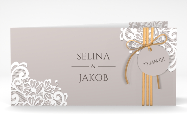 Hochzeitseinladung Vintage lange Klappkarte quer mit floraler Spitze