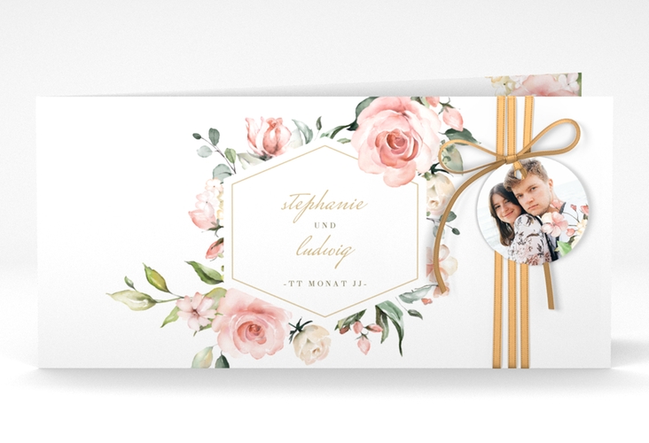 Hochzeitseinladung Graceful lange Klappkarte quer weiss hochglanz mit Rosenblüten in Rosa und Weiß