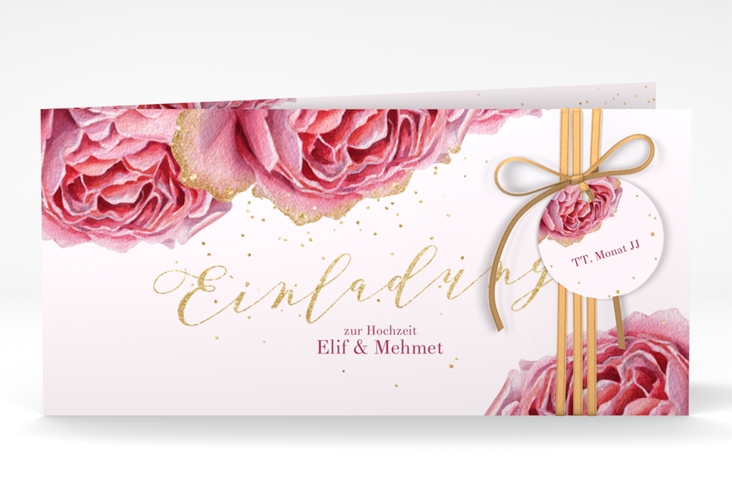 Hochzeitseinladung Cherie lange Klappkarte quer rosa