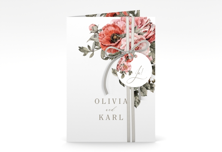 Einladungskarte Hochzeit Grazioso A6 Klappkarte hoch weiss hochglanz modern mit Mohnblumen und Rosen