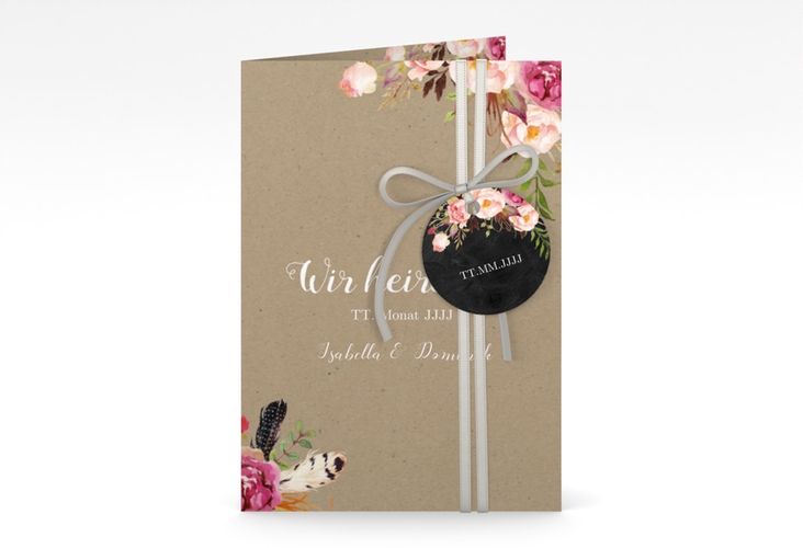 Einladungskarte Hochzeit Flowers A6 Klappkarte hoch Kraftpapier hochglanz mit bunten Aquarell-Blumen