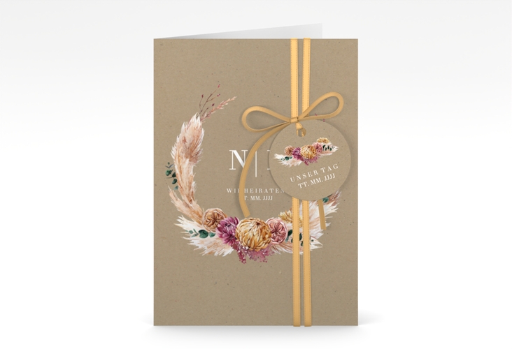 Einladungskarte Hochzeit Bohochic A6 Klappkarte hoch Kraftpapier hochglanz mit Gräsern und Trockenblumen für Boho-Hochzeit