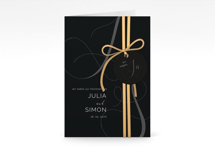 Hochzeitseinladung Eheschließung A6 Klappkarte hoch schwarz hochglanz mit Gräsern und Trockenblumen für Boho-Hochzeit