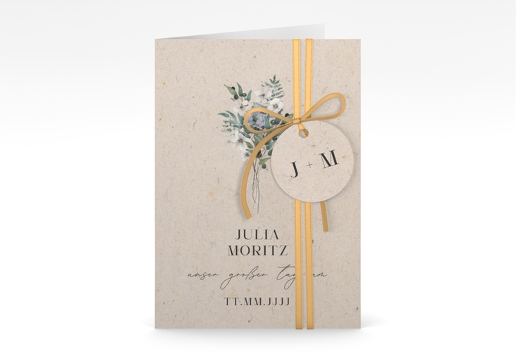 Einladungskarte Hochzeit Sträußchen A6 Klappkarte hoch Kraftpapier mit kleinem Blumenbouquet im Nostalgie-Design