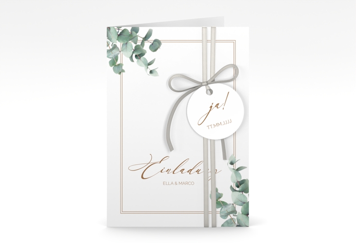 Einladungskarte Hochzeit Eucalypt A6 Klappkarte hoch weiss mit Eukalyptus und edlem Rahmen