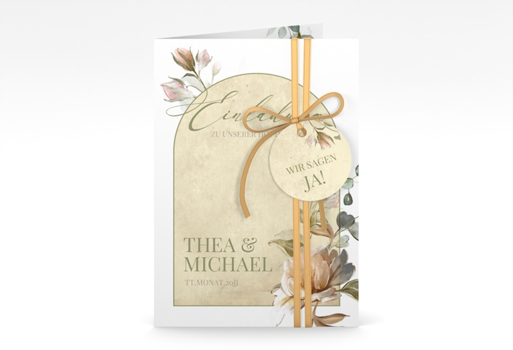 Einladungskarte Hochzeit Dornröschen A6 Klappkarte hoch weiss mit Aquarell-Rosen im Vintage-Look