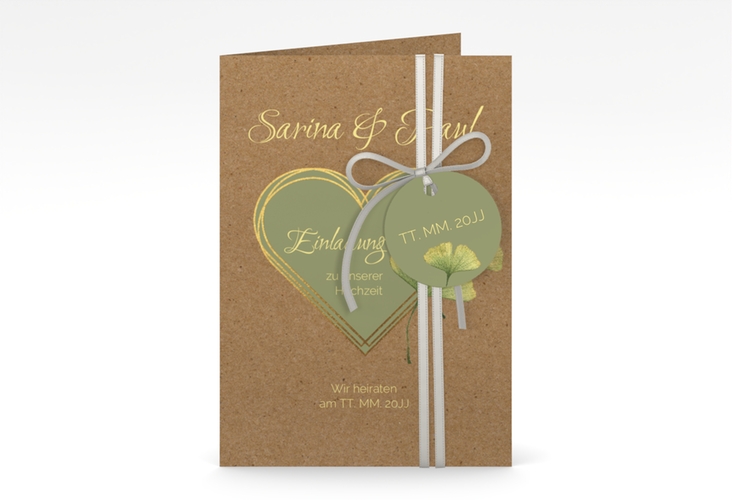 Einladungskarte Hochzeit Ginko A6 Klappkarte hoch Kraftpapier hochglanz mit Herz und zwei Ginkgo-Blättern