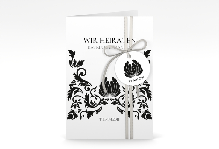 Einladungskarte Hochzeit Royal A6 Klappkarte hoch weiss hochglanz mit barockem Blumen-Ornament