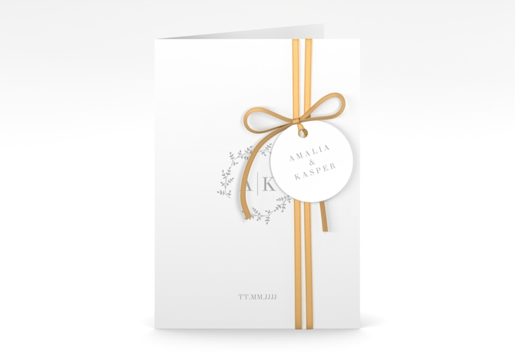 Einladungskarte Hochzeit Filigrana A6 Klappkarte hoch grau hochglanz in reduziertem Design mit Initialen und zartem Blätterkranz