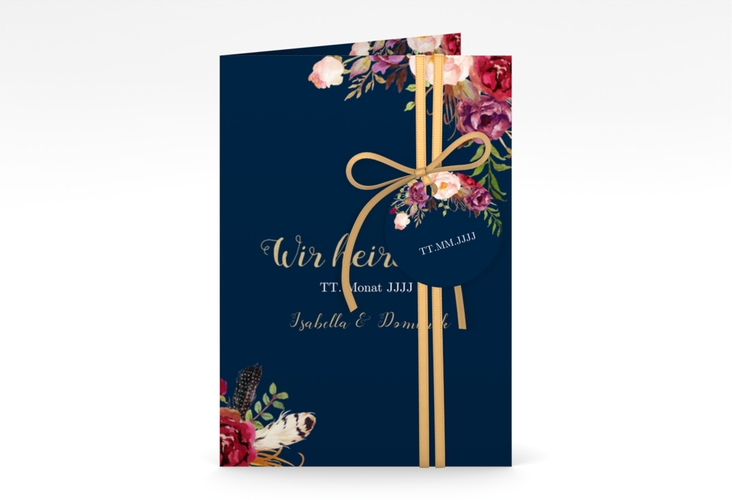Einladungskarte Hochzeit Flowers A6 Klappkarte hoch blau hochglanz mit bunten Aquarell-Blumen