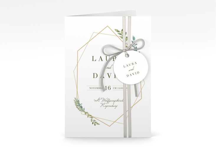 Einladungskarte Hochzeit Herbarium A6 Klappkarte hoch mit geometrischem Rahmen und Blätter-Dekor