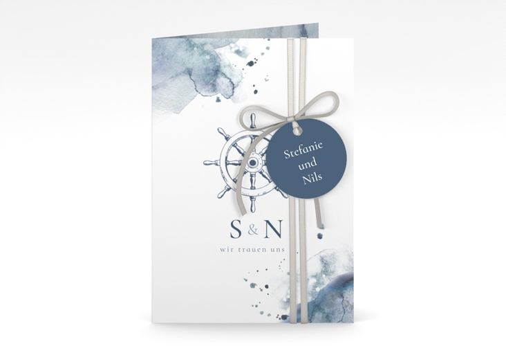 Einladungskarte Hochzeit Steuerrad A6 Klappkarte hoch in maritimen Blautönen