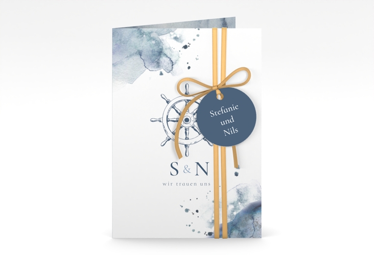 Einladungskarte Hochzeit Steuerrad A6 Klappkarte hoch in maritimen Blautönen